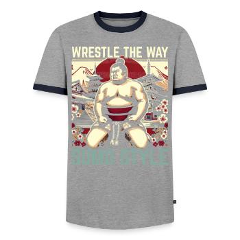 Lutteur de sumo Lutte japonaise Lutte de sumo - T-shirt contrasté Homme - gris/marine  - Devant - AI Model Female 172 light (172cm) & AI Model Male 178 light (178cm)