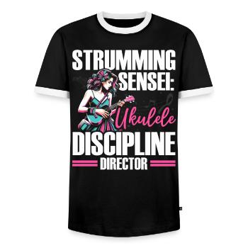 Ukelele Teacher Instrument Ukelele Player Uke - Men's Ringer Shirt - black/white - Front - AI Model Female 172 light (172cm) & AI Model Male 178 light (178cm)