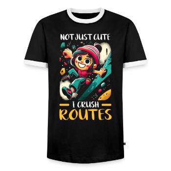 Bouldering Girl Boulderer Rock Climbing Wall - Men's Ringer Shirt - black/white - Front - AI Model Female 172 light (172cm) & AI Model Male 178 light (178cm)