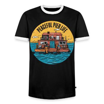 Houseboat Owner Lake Anchor House Boat Boating - Men's Ringer Shirt - black/white - Front - AI Model Female 172 light (172cm) & AI Model Male 178 light (178cm)
