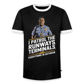 Agent de police aéroportuaire Aviation Carrières Emploi - T-shirt contrasté Homme - noir/blanc - Devant - AI Model Female 172 light (172cm) & AI Model Male 178 light (178cm)