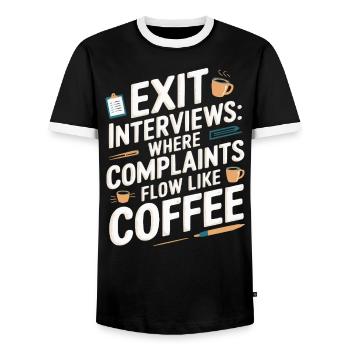 Entretien de départ d’un employé des ressources humaines - T-shirt contrasté Homme - noir/blanc - Devant - AI Model Female 172 light (172cm) & AI Model Male 178 light (178cm)