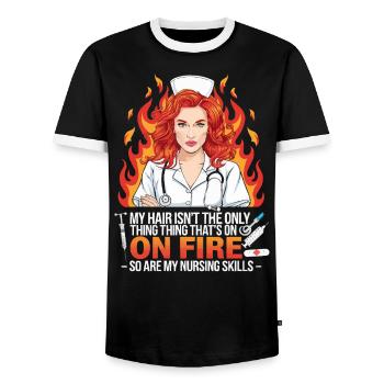 Readhead Nurse Hospital Red Hair RN Ginger Nursing - Men's Ringer Shirt - black/white - Front - AI Model Female 172 light (172cm) & AI Model Male 178 light (178cm)