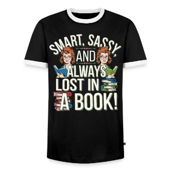 Redhead Bookworm Ginger Hair Reading Books - Men's Ringer Shirt - black/white - Front - AI Model Female 172 light (172cm) & AI Model Male 178 light (178cm)