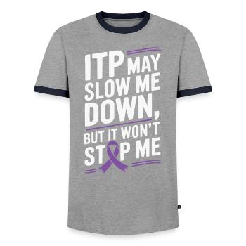 ITP Awareness Immune Thrombocytopenia Platelets - Men's Ringer Shirt - grey/navy  - Front - AI Model Female 172 light (172cm) & AI Model Male 178 light (178cm)