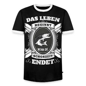 Angeln -Das Leben beginnt wenn die Schonzeit endet - Männer Kontrast-T-Shirt - Schwarz/Weiß - Vorne - AI Model Female 172 light (172cm) & AI Model Male 178 light (178cm)