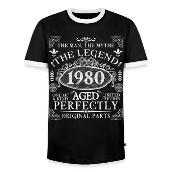 1980 Legend | Vintage Aged Perfectly 1980 - Men's Ringer Shirt - black/white - Front - AI Model Female 172 light (172cm) & AI Model Male 178 light (178cm)