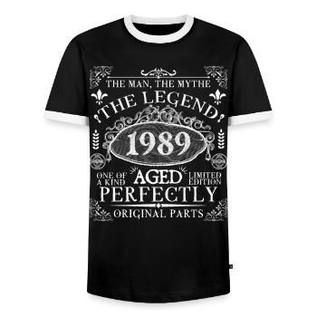 1989 Legend | Vintage Aged Perfectly 1989 - Men's Ringer Shirt - black/white - Front - AI Model Female 172 light (172cm) & AI Model Male 178 light (178cm)