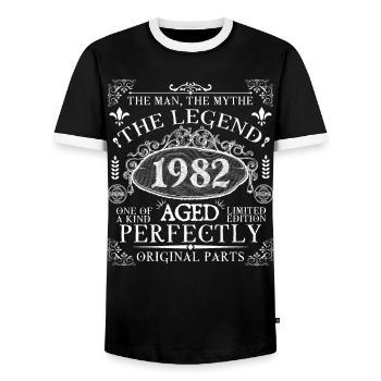 1982 Legend | Vintage Aged Perfectly 1982 - Men's Ringer Shirt - black/white - Front - AI Model Female 172 light (172cm) & AI Model Male 178 light (178cm)