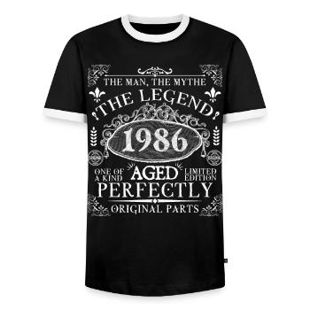 1986 Legend | Vintage Aged Perfectly 1986 - Men's Ringer Shirt - black/white - Front - AI Model Female 172 light (172cm) & AI Model Male 178 light (178cm)