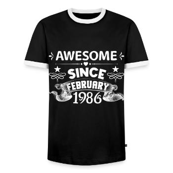 February 1986 | Awesome since February 1986 - Men's Ringer Shirt - black/white - Front - AI Model Female 172 light (172cm) & AI Model Male 178 light (178cm)