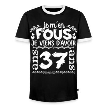 Anniversaire 37 ans | Je m'en fous j'ai 37 ans - T-shirt contrasté Homme - noir/blanc - Devant - AI Model Female 172 light (172cm) & AI Model Male 178 light (178cm)