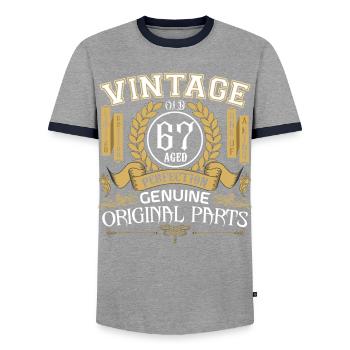 Jahrgang 67 Jahre alt - Geburtstagsgeschenk 67 Jahre alt - Männer Kontrast-T-Shirt - Grau/Navy  - Vorne - AI Model Female 172 light (172cm) & AI Model Male 178 light (178cm)