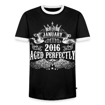 2016 | Januar 2016 Geburtstag Perfekt gealtert - Männer Kontrast-T-Shirt - Schwarz/Weiß - Vorne - AI Model Female 172 light (172cm) & AI Model Male 178 light (178cm)