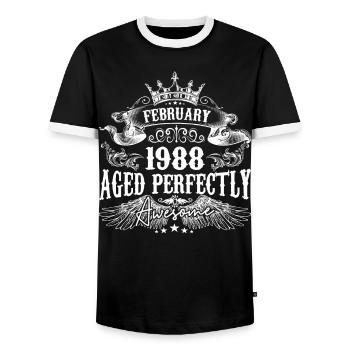 1988 | February 1988 birthday Aged Perfectly - Men's Ringer Shirt - black/white - Front - AI Model Female 172 light (172cm) & AI Model Male 178 light (178cm)