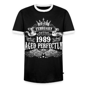 1989 | Februar 1989 Geburtstag Perfekt gealtert - Männer Kontrast-T-Shirt - Schwarz/Weiß - Vorne - AI Model Female 172 light (172cm) & AI Model Male 178 light (178cm)
