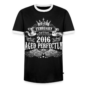 2016 | February 2016 birthday Aged Perfectly - Men's Ringer Shirt - black/white - Front - AI Model Female 172 light (172cm) & AI Model Male 178 light (178cm)