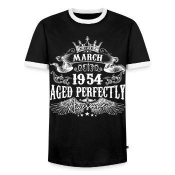 1954 | März 1954 Geburtstag Perfekt gealtert - Männer Kontrast-T-Shirt - Schwarz/Weiß - Vorne - AI Model Female 172 light (172cm) & AI Model Male 178 light (178cm)