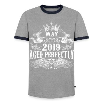 2019 | May 2019 birthday Aged Perfectly - Men's Ringer Shirt - grey/navy  - Front - AI Model Female 172 light (172cm) & AI Model Male 178 light (178cm)