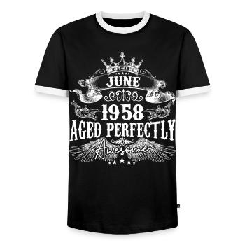 1958| Juni 1958 Geburtstag Perfekt gealtert - Männer Kontrast-T-Shirt - Schwarz/Weiß - Vorne - AI Model Female 172 light (172cm) & AI Model Male 178 light (178cm)
