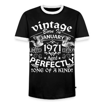 January 1971| birthday 1971 Vintage January - Men's Ringer Shirt - black/white - Front - AI Model Female 172 light (172cm) & AI Model Male 178 light (178cm)