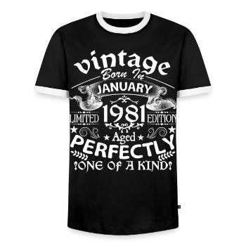 Januar 1981| Geburtstag 1981 Jahrgang Januar - Männer Kontrast-T-Shirt - Schwarz/Weiß - Vorne - AI Model Female 172 light (172cm) & AI Model Male 178 light (178cm)