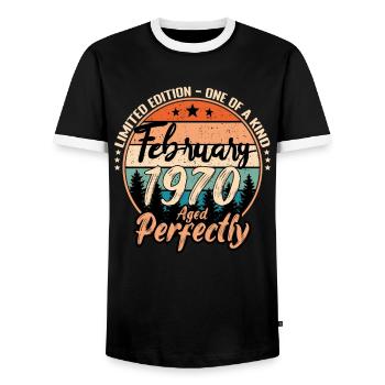 February 1970 anniversary 1970 legends February - Men's Ringer Shirt - black/white - Front - AI Model Female 172 light (172cm) & AI Model Male 178 light (178cm)