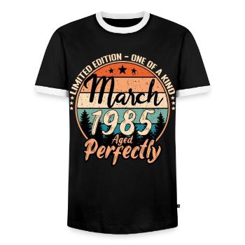 March 1985 anniversary 1985 legends March - Men's Ringer Shirt - black/white - Front - AI Model Female 172 light (172cm) & AI Model Male 178 light (178cm)