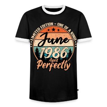 Juni 1986 Jubiläum 1986 Legenden Juni - Männer Kontrast-T-Shirt - Schwarz/Weiß - Vorne - AI Model Female 172 light (172cm) & AI Model Male 178 light (178cm)