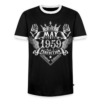 May 1959 | May 1959 anniversary 1959 - Men's Ringer Shirt - black/white - Front - AI Model Female 172 light (172cm) & AI Model Male 178 light (178cm)