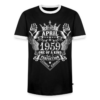 April 1959 anniversary April 1959 April - Men's Ringer Shirt - black/white - Front - AI Model Female 172 light (172cm) & AI Model Male 178 light (178cm)