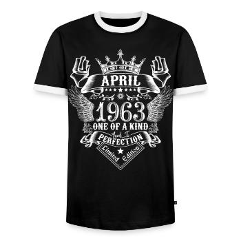 April 1963 Anniversary April 1963 April - Men's Ringer Shirt - black/white - Front - AI Model Female 172 light (172cm) & AI Model Male 178 light (178cm)
