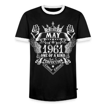 Mai 1961 anniversaire Mai 1961 Mai - T-shirt contrasté Homme - noir/blanc - Devant - AI Model Female 172 light (172cm) & AI Model Male 178 light (178cm)