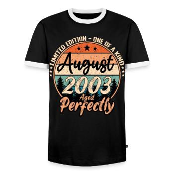 August 2003 anniversary 2003 legends August - Men's Ringer Shirt - black/white - Front - AI Model Female 172 light (172cm) & AI Model Male 178 light (178cm)