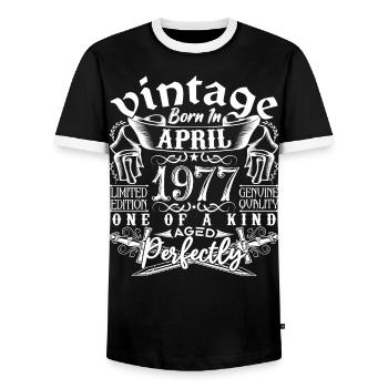 1977 April 1977 anniversary April 1977 April - Men's Ringer Shirt - black/white - Front - AI Model Female 172 light (172cm) & AI Model Male 178 light (178cm)