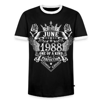 Juni 1988 Jahrestag Juni 1988 Juni - Männer Kontrast-T-Shirt - Schwarz/Weiß - Vorne - AI Model Female 172 light (172cm) & AI Model Male 178 light (178cm)