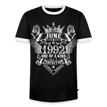 June 1992 anniversary June 1992 June - Men's Ringer Shirt - black/white - Front - AI Model Female 172 light (172cm) & AI Model Male 178 light (178cm)