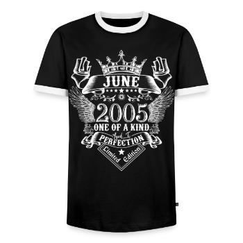 June 2005 anniversary June 2005 June - Men's Ringer Shirt - black/white - Front - AI Model Female 172 light (172cm) & AI Model Male 178 light (178cm)