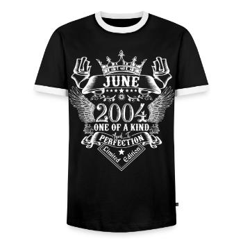 June 2004 anniversary June 2004 June - Men's Ringer Shirt - black/white - Front - AI Model Female 172 light (172cm) & AI Model Male 178 light (178cm)