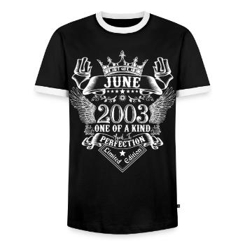 June 2003 anniversary June 2003 June - Men's Ringer Shirt - black/white - Front - AI Model Female 172 light (172cm) & AI Model Male 178 light (178cm)
