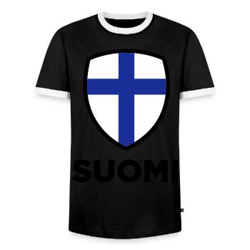 National Flag of Finland - Men's Ringer Shirt - black/white - Front - AI Model Female 172 light (172cm) & AI Model Male 178 light (178cm)