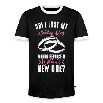 Couple Relationship Wedding Ring Pick Up Lines - Men's Ringer Shirt - black/white - Front - AI Model Female 172 light (172cm) & AI Model Male 178 light (178cm)
