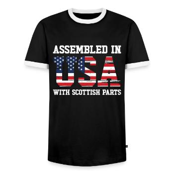 Born Scottish Scotland American USA Citizenship - Men's Ringer Shirt - black/white - Front - AI Model Female 172 light (172cm) & AI Model Male 178 light (178cm)