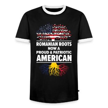 Born Romanian Romania American USA Citizenship - Men's Ringer Shirt - black/white - Front - AI Model Female 172 light (172cm) & AI Model Male 178 light (178cm)