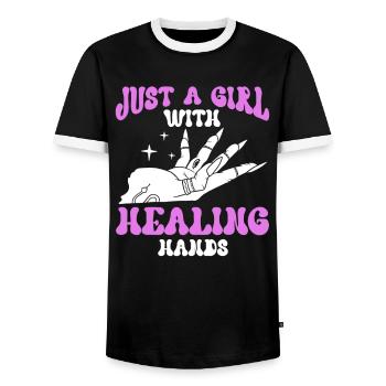 Massagetherapeutin Therapie lizenzierter Masseur - Männer Kontrast-T-Shirt - Schwarz/Weiß - Vorne - AI Model Female 172 light (172cm) & AI Model Male 178 light (178cm)