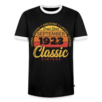 Retro 100 Years September 1923 Birthday Vintage - Men's Ringer Shirt - black/white - Front - AI Model Female 172 light (172cm) & AI Model Male 178 light (178cm)