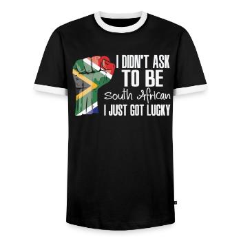 South African Pride South Africa Flag Grown South - Men's Ringer Shirt - black/white - Front - AI Model Female 172 light (172cm) & AI Model Male 178 light (178cm)