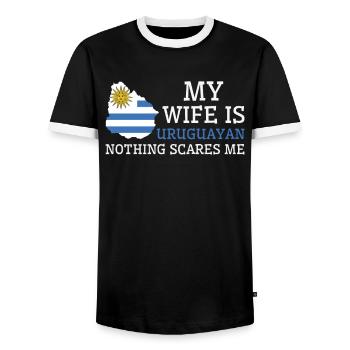 Nothing Scares Me My Wife Is Uruguayan Husband - Men's Ringer Shirt - black/white - Front - AI Model Female 172 light (172cm) & AI Model Male 178 light (178cm)