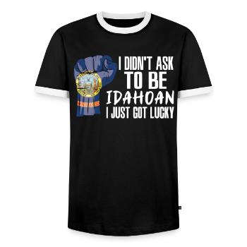 Idahoan American US Patriot USA Grown Idaho Flag - Men's Ringer Shirt - black/white - Front - AI Model Female 172 light (172cm) & AI Model Male 178 light (178cm)