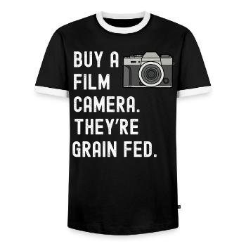 Film Camera grain fed funny photography gift - Men's Ringer Shirt - black/white - Front - AI Model Female 172 light (172cm) & AI Model Male 178 light (178cm)